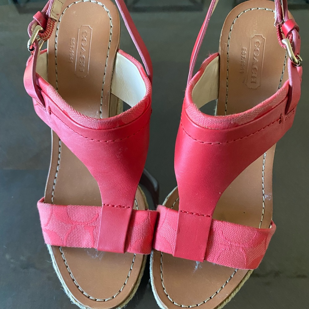 COACH ,MENDEZ CORAL/CHERRY RED, LEATHER, CORK,  LOGO CANVAS, ESPADRILLE SANDAL